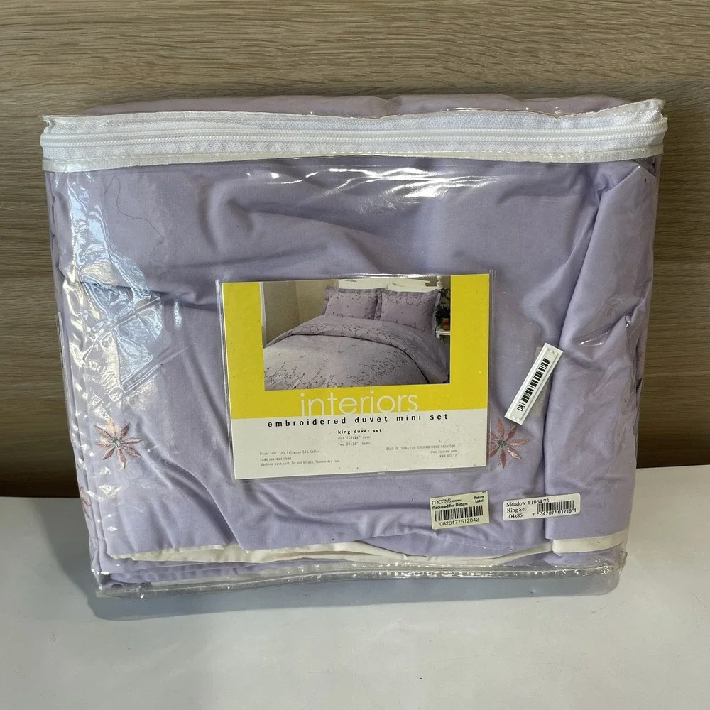 Vtg Interiors King Size Duvet Mini Set Lavender Embroidered Floral NEW NIP NOS
